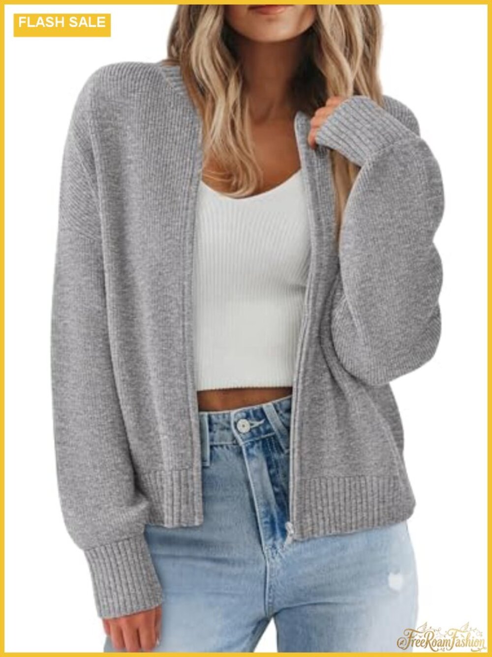 Chunky Knit Zip Up Cardigan Sweater Womens Open Front Cropped